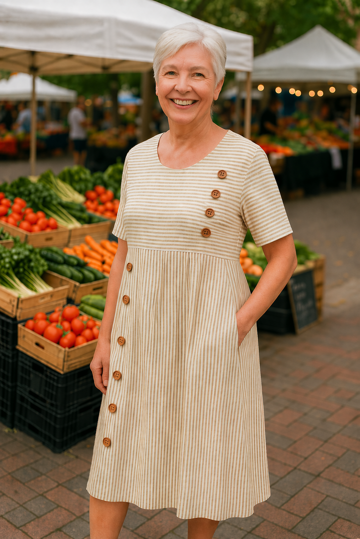 Brynn | Women's Striped Midi Dress with Pockets - Blue - Image 3