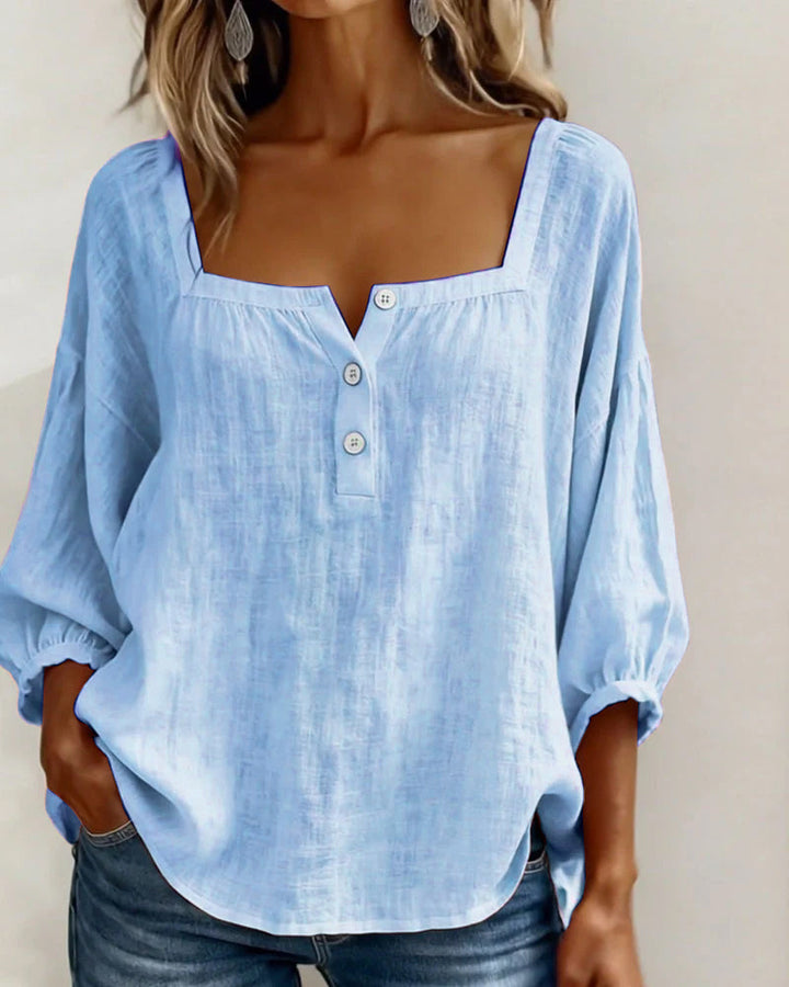 Daisy | Women's Square Neck Puff Sleeve Linen Blouse 3/4 Sleeve