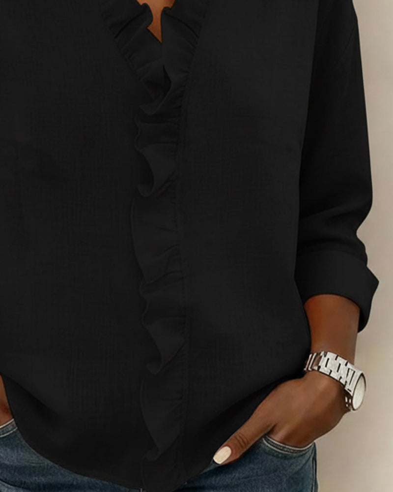 Elise | Women's Ruffle V-Neck Long Sleeve Button Up Blouse