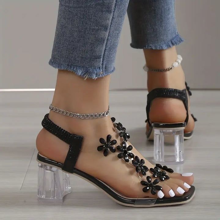 Frieda™ | Women's Flower Rhinestone Block Heel Sandals