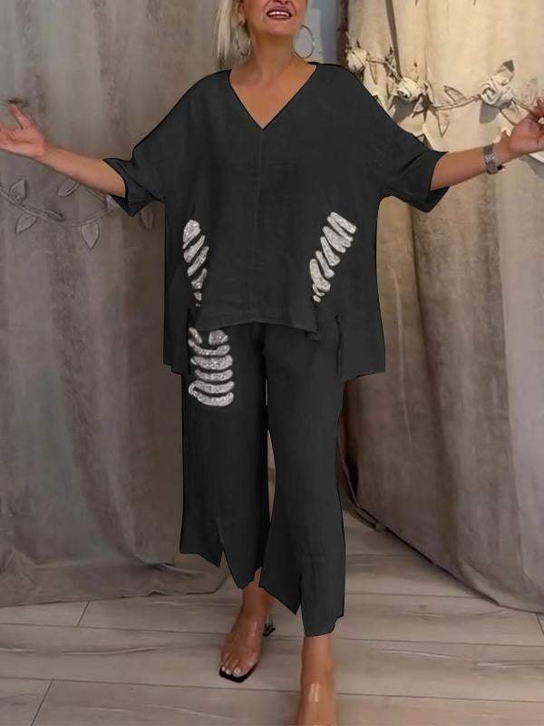 Cleo | Women's Two-Piece Set Wide Leg Pants V-Neck Top