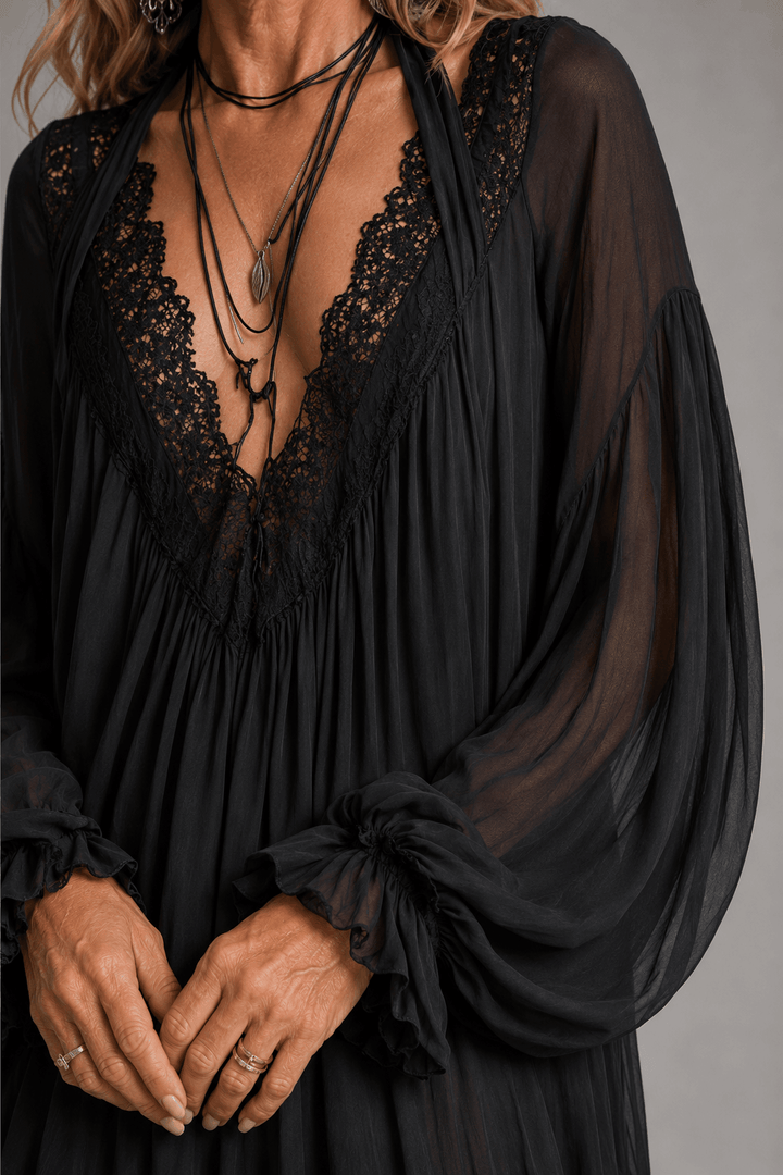 Cadrenne | Women's Mini Dress Lace V-Neck - Black - Image 4