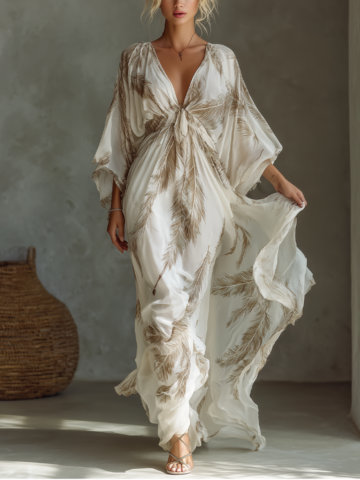 Cadrielle | Women's Chiffon Feather Print Maxi Dress - White - Image 1