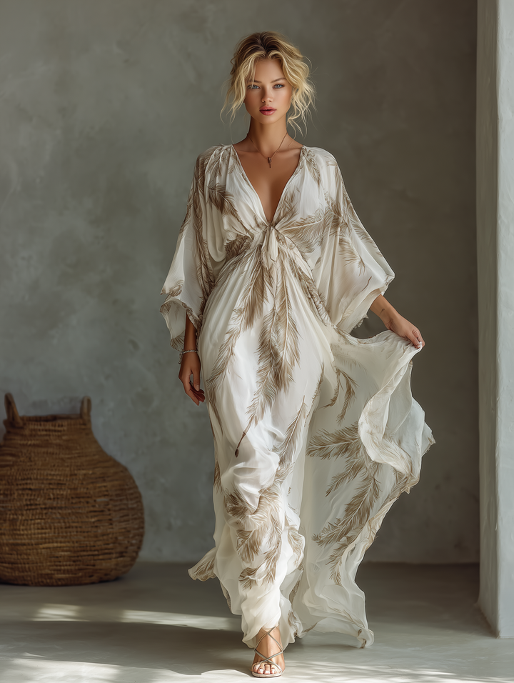 Cadrielle | Women's Chiffon Feather Print Maxi Dress - White - Image 2