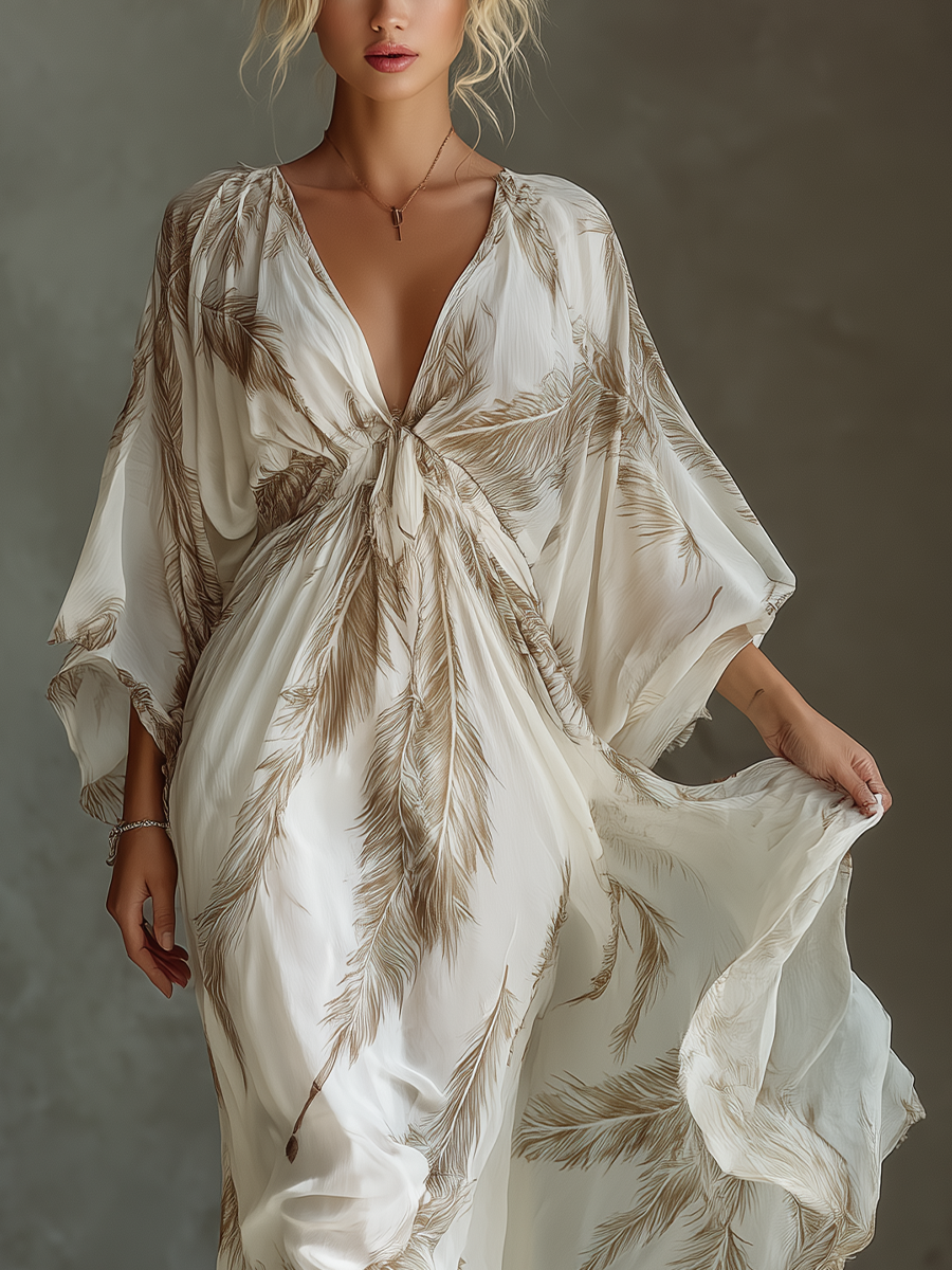 Cadrielle | Women's Chiffon Feather Print Maxi Dress - White - Image 3
