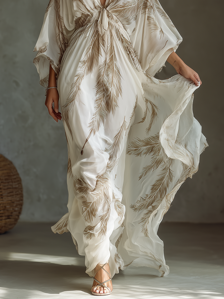 Cadrielle | Women's Chiffon Feather Print Maxi Dress - White - Image 4
