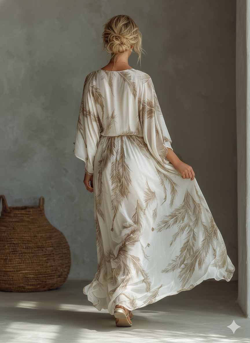 Cadrielle | Women's Chiffon Feather Print Maxi Dress - White - Image 5