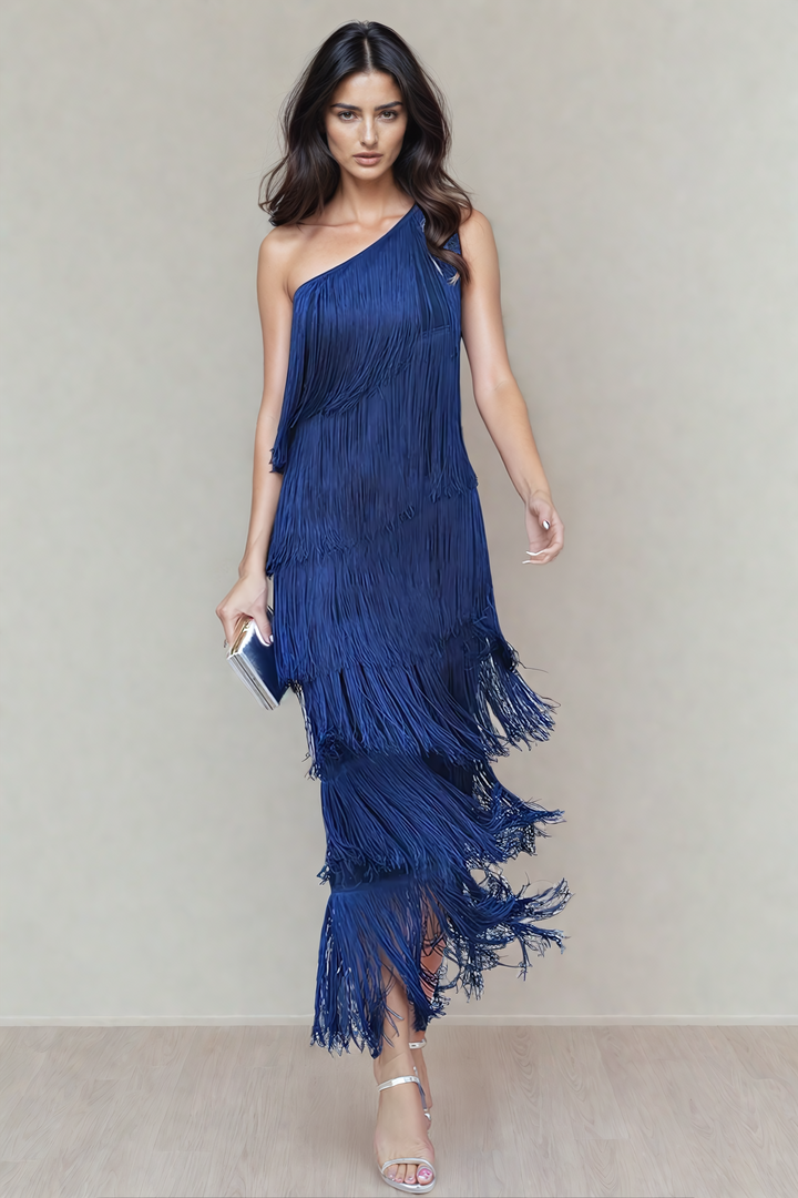 Calanara | Women's One Shoulder Fringe Formal Dress - Navy - Image 2