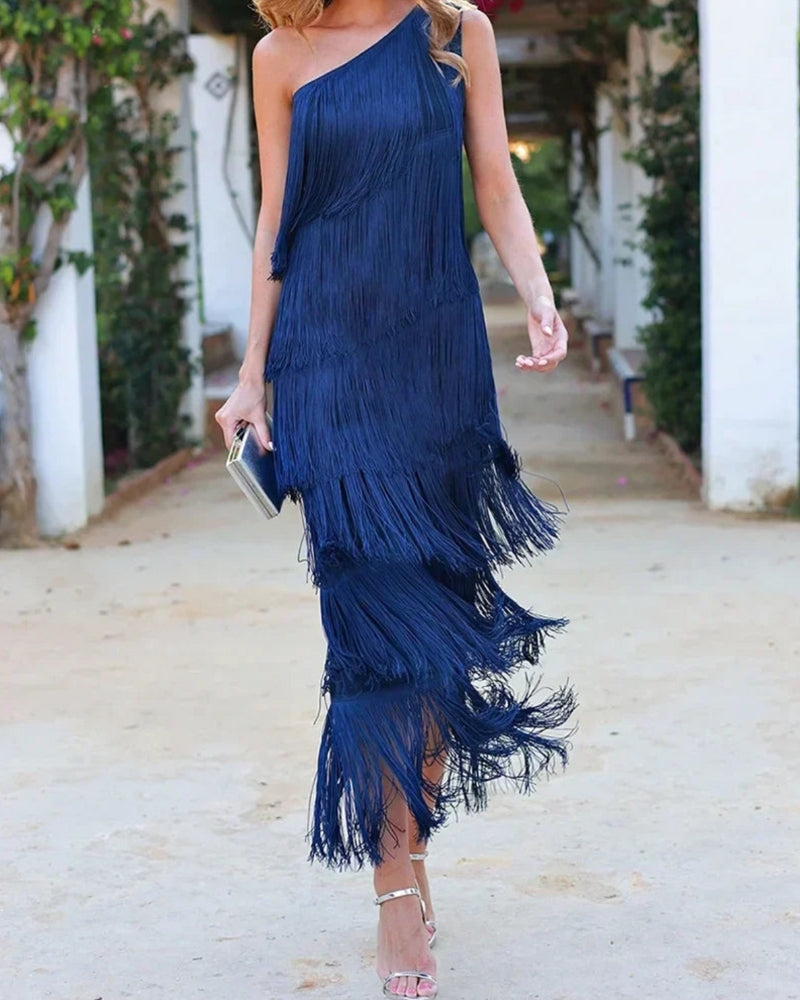 Calanara | Women's One Shoulder Fringe Formal Dress - Navy - Image 3