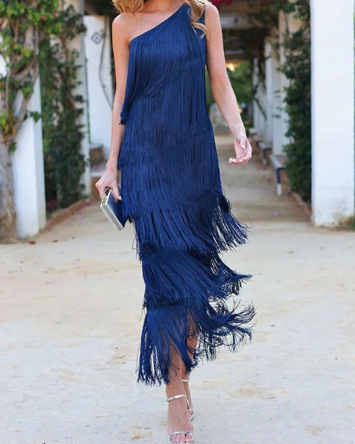 Calanara | Women's One Shoulder Fringe Formal Dress - Navy - Image 3