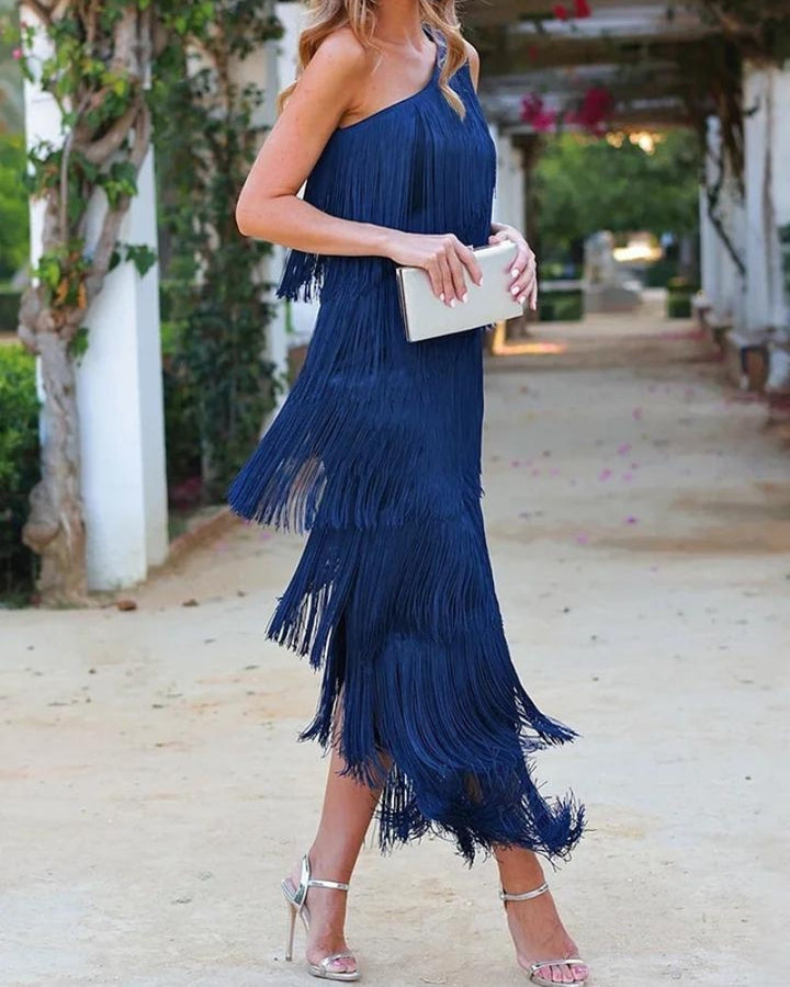 Calanara | Women's One Shoulder Fringe Formal Dress - Navy - Image 4