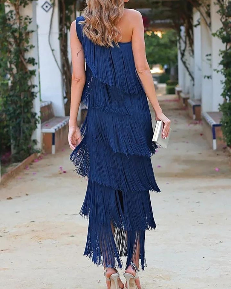 Calanara | Women's One Shoulder Fringe Formal Dress - Navy - Image 5