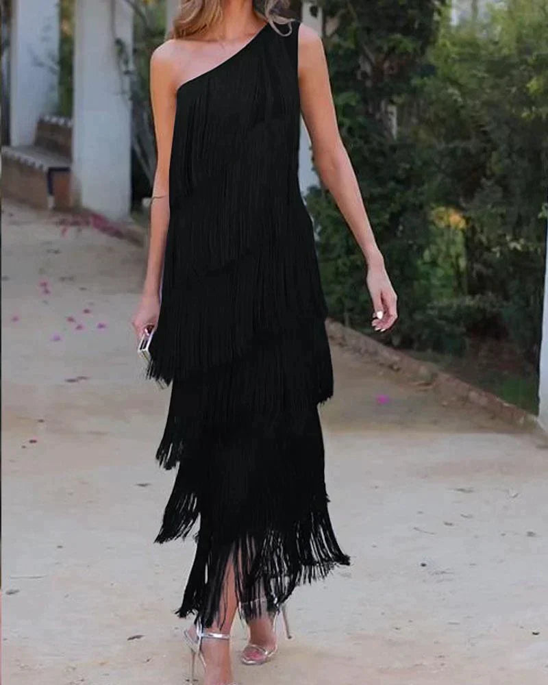 Calanara | Women's One Shoulder Fringe Formal Dress - Navy - Image 6
