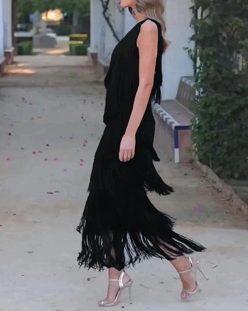 Calanara | Women's One Shoulder Fringe Formal Dress - Navy - Image 7