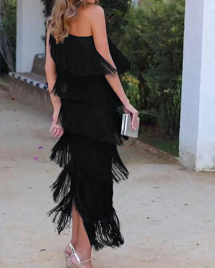 Calanara | Women's One Shoulder Fringe Formal Dress - Navy - Image 8