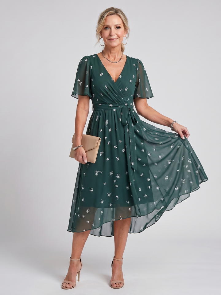 Calanthe | Women's Floral Print Midi Wrap Dress - Dark Green - Image 1