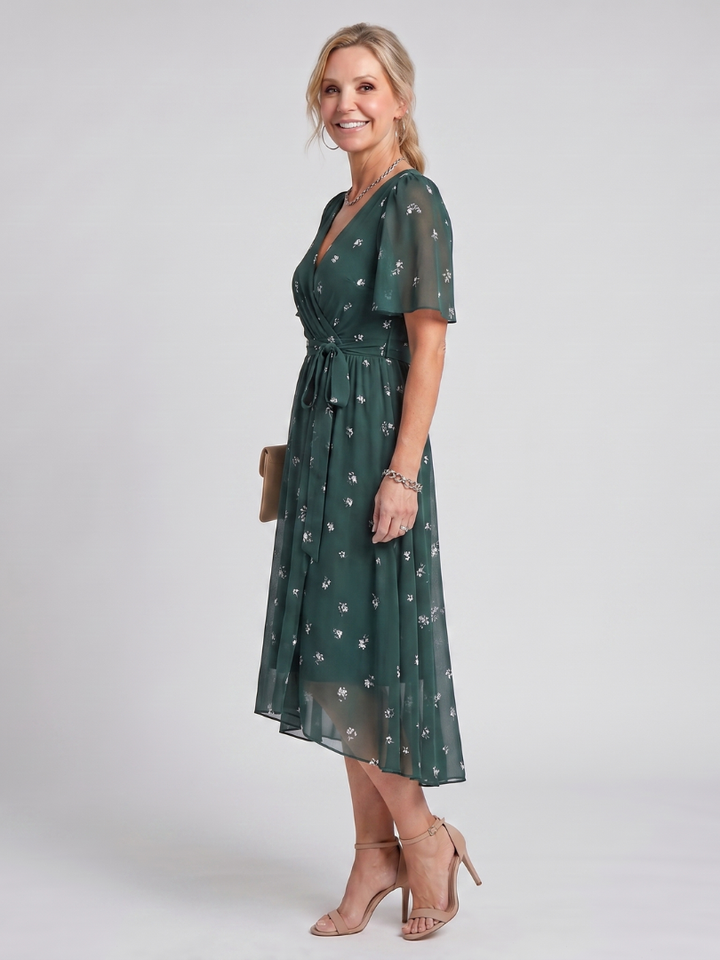Calanthe | Women's Floral Print Midi Wrap Dress - Dark Green - Image 2
