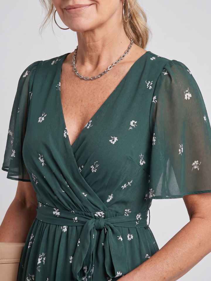 Calanthe | Women's Floral Print Midi Wrap Dress - Dark Green - Image 3