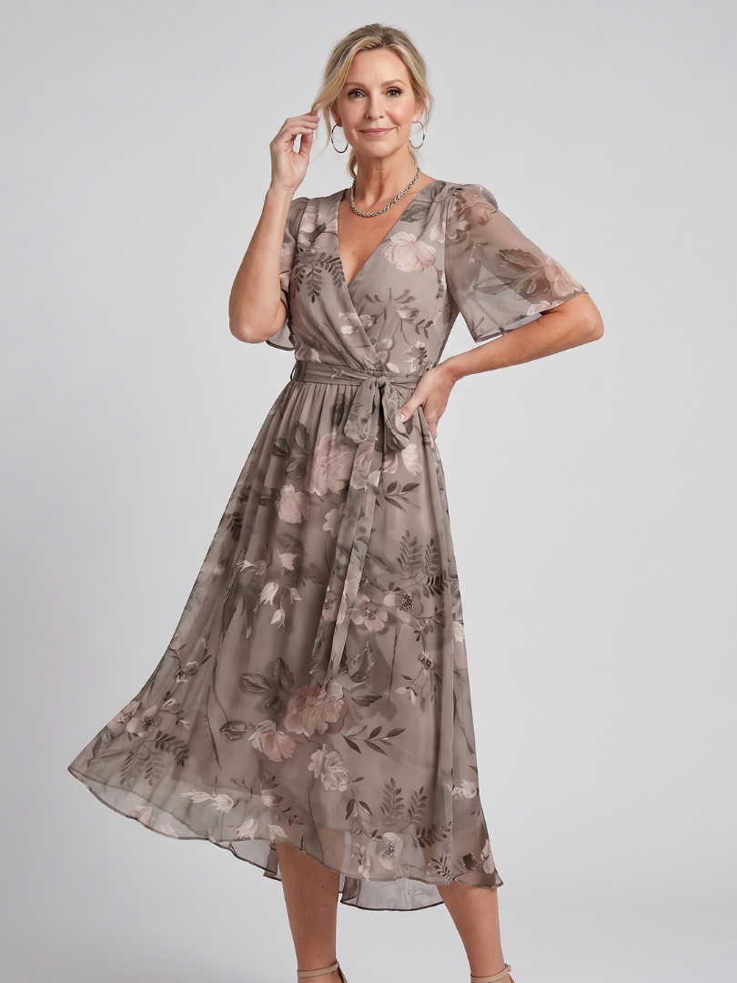 Calanthe | Women's Floral Print Midi Wrap Dress - Dark Green - Image 5