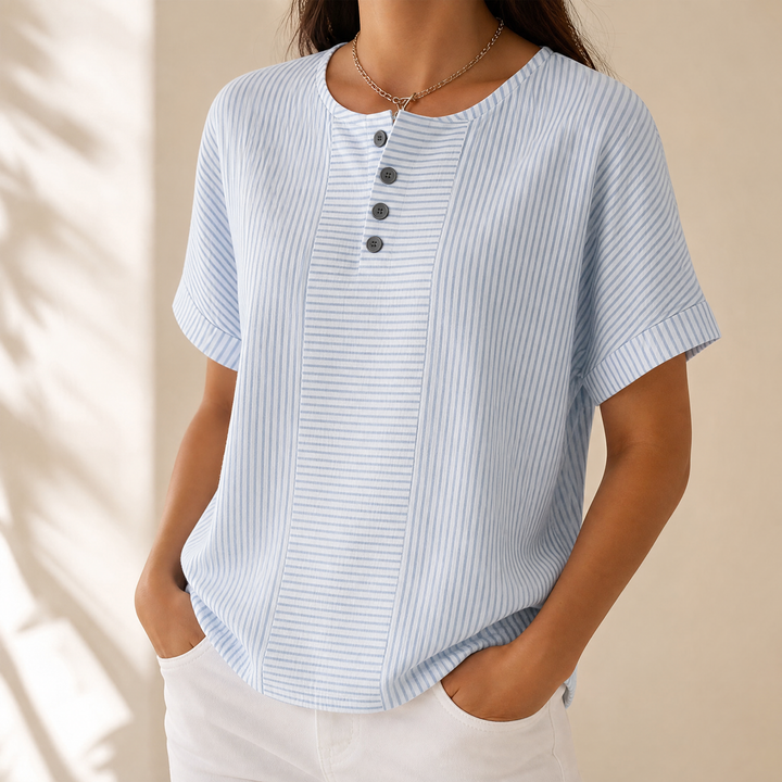Calbourne | Women's Striped Henley Button Front Top - Light Blue - Image 1