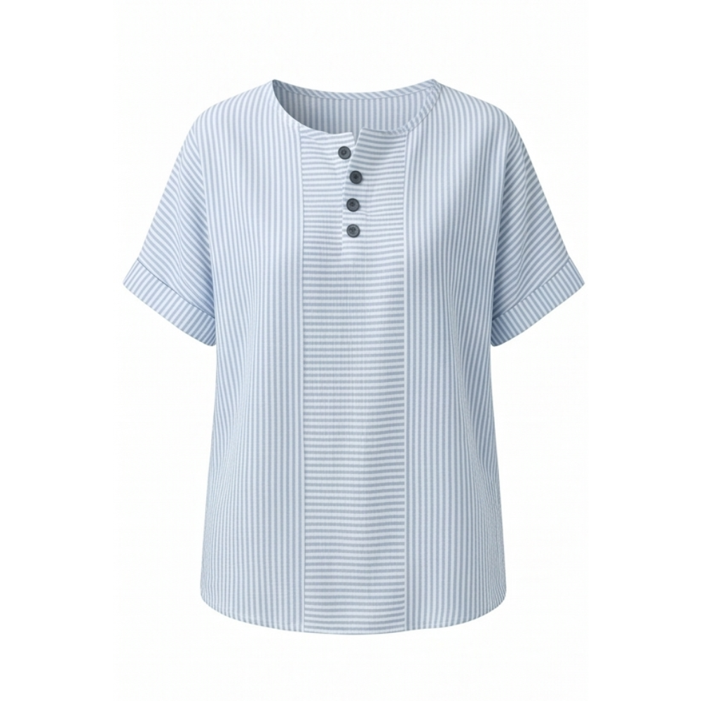 Calbourne | Women's Striped Henley Button Front Top - Light Blue - Image 11