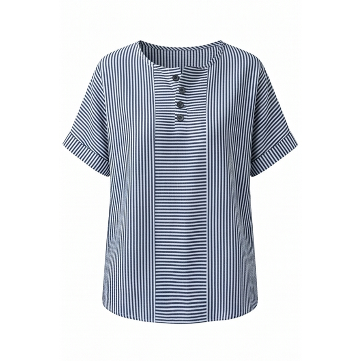 Calbourne | Women's Striped Henley Button Front Top - Light Blue - Image 12