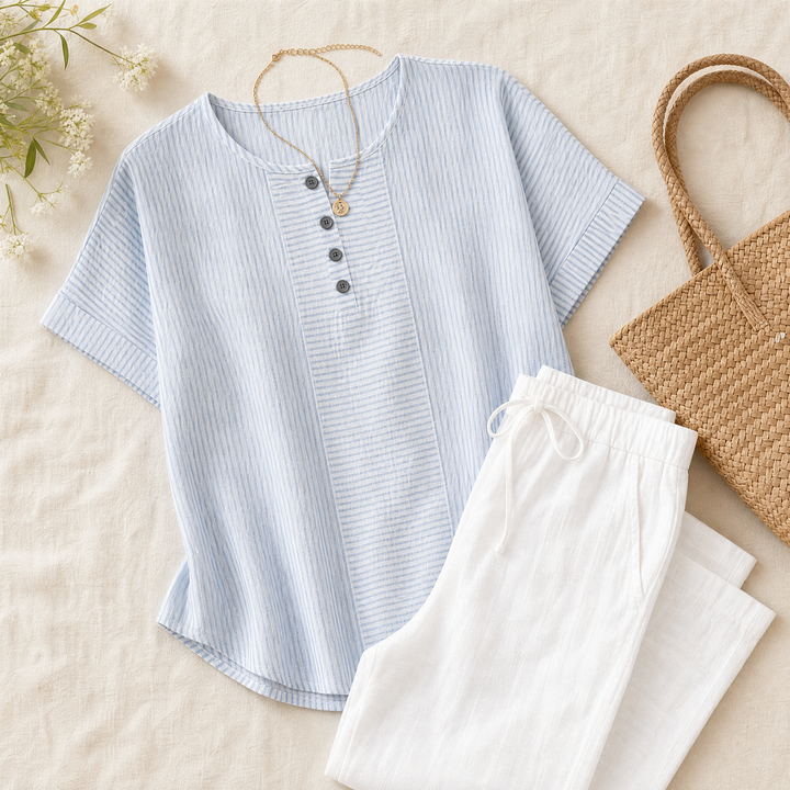 Calbourne | Women's Striped Henley Button Front Top - Light Blue - Image 5