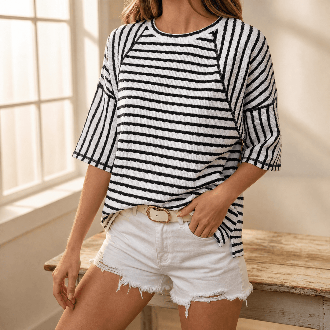Caldene | Women's Striped Relaxed Fit Knit Top - Striped - Image 14