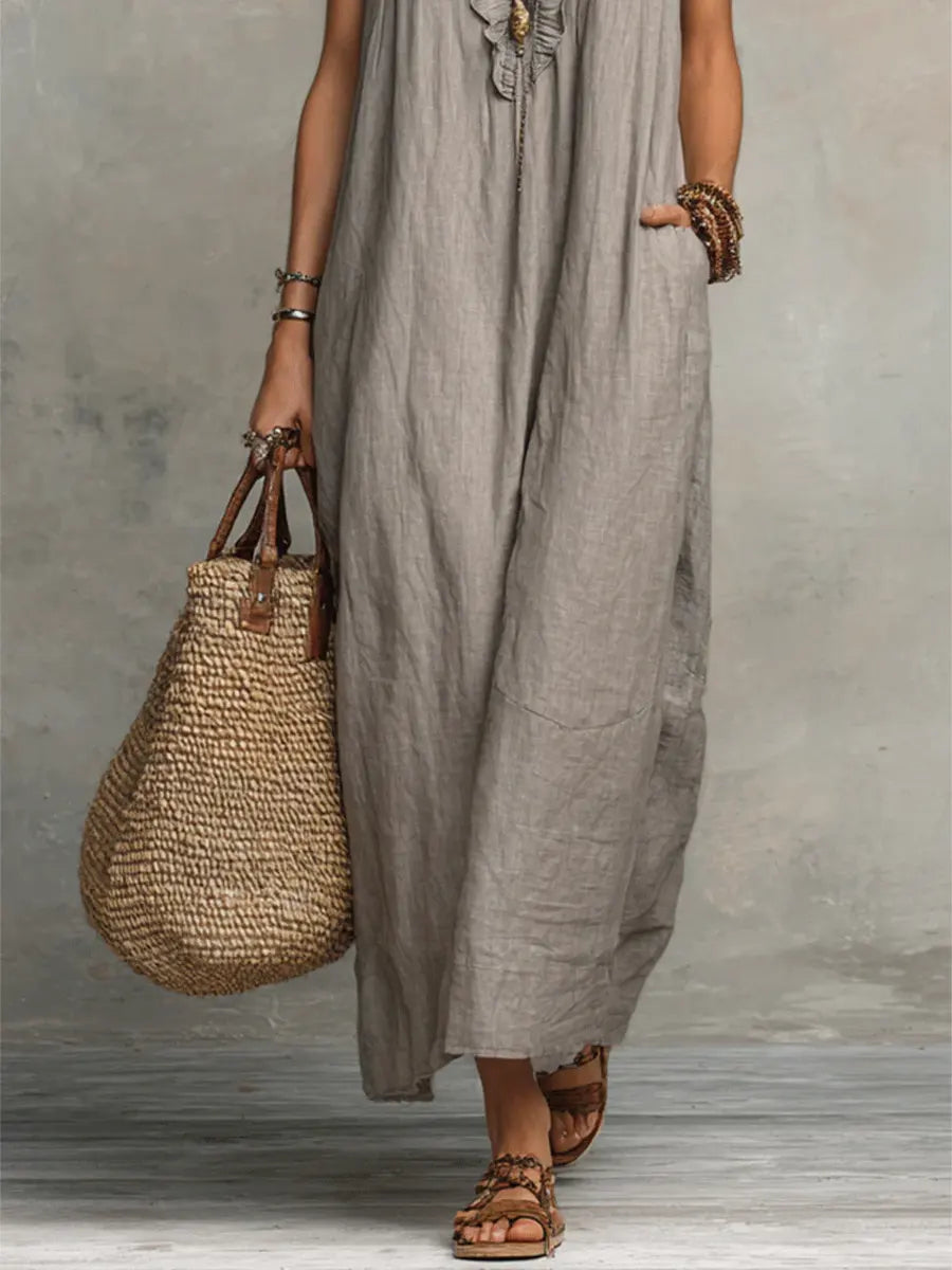 Caldora | Women's Linen Summer Maxi Dress - Taupe - Image 1