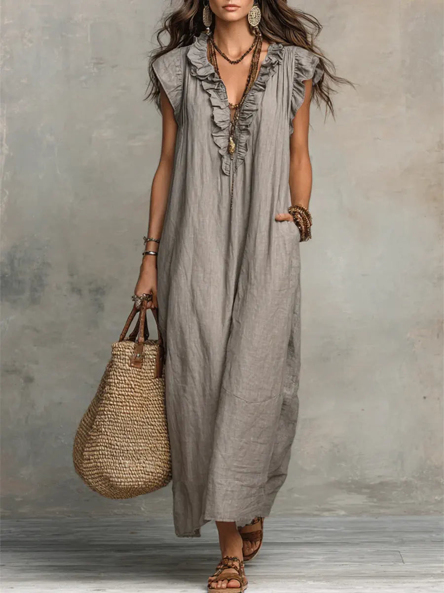 Caldora | Women's Linen Summer Maxi Dress - Taupe - Image 10