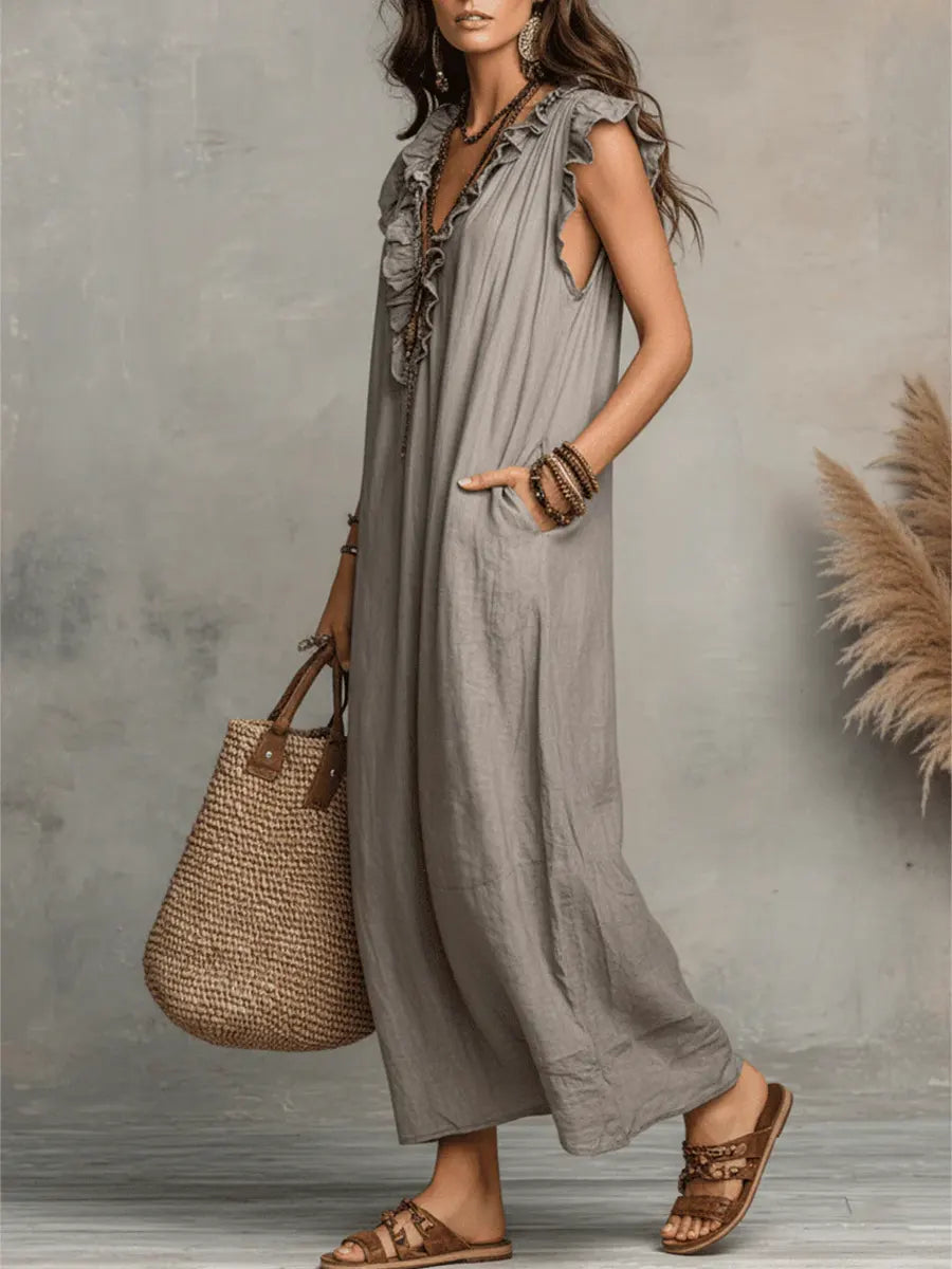 Caldora | Women's Linen Summer Maxi Dress - Taupe - Image 4