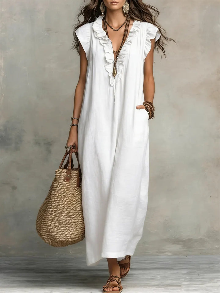 Caldora | Women's Linen Summer Maxi Dress - Taupe - Image 6