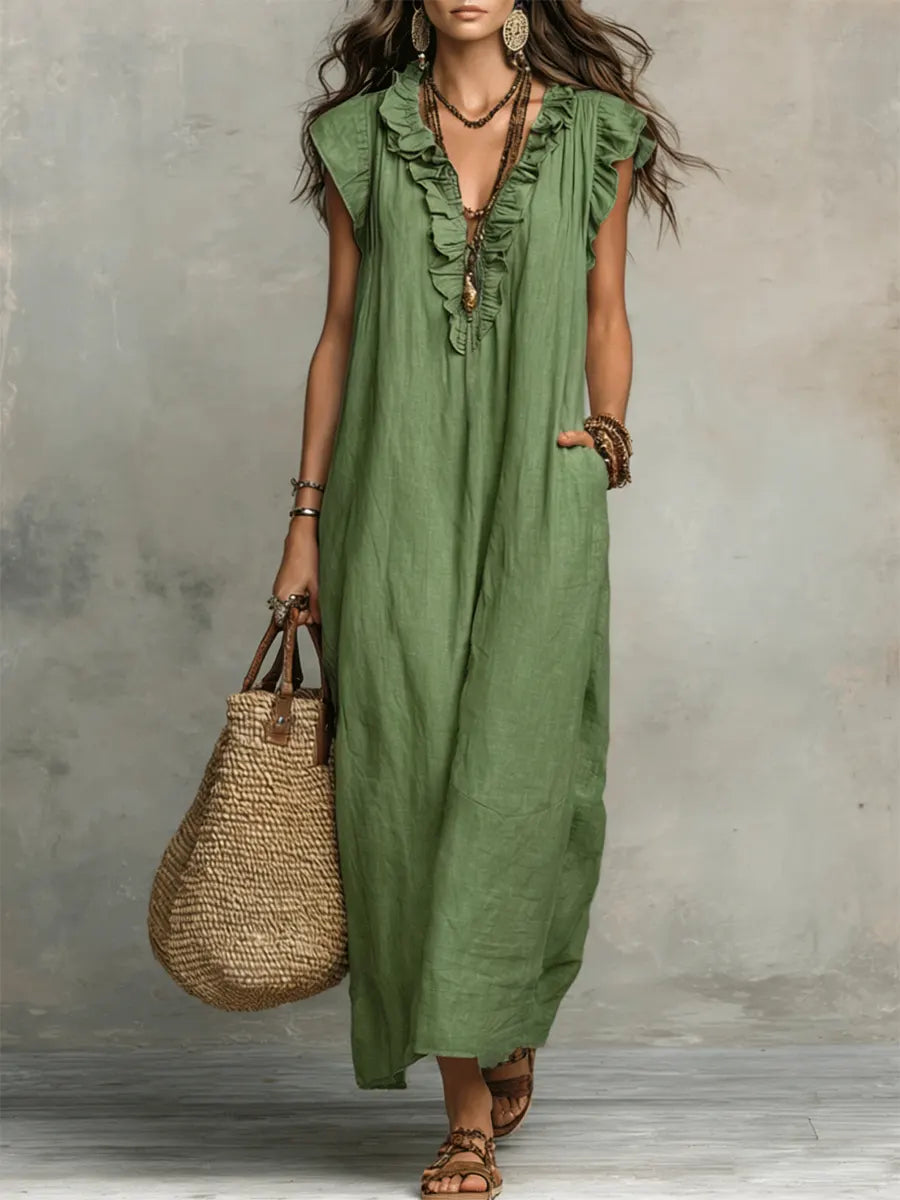 Caldora | Women's Linen Summer Maxi Dress - Taupe - Image 9