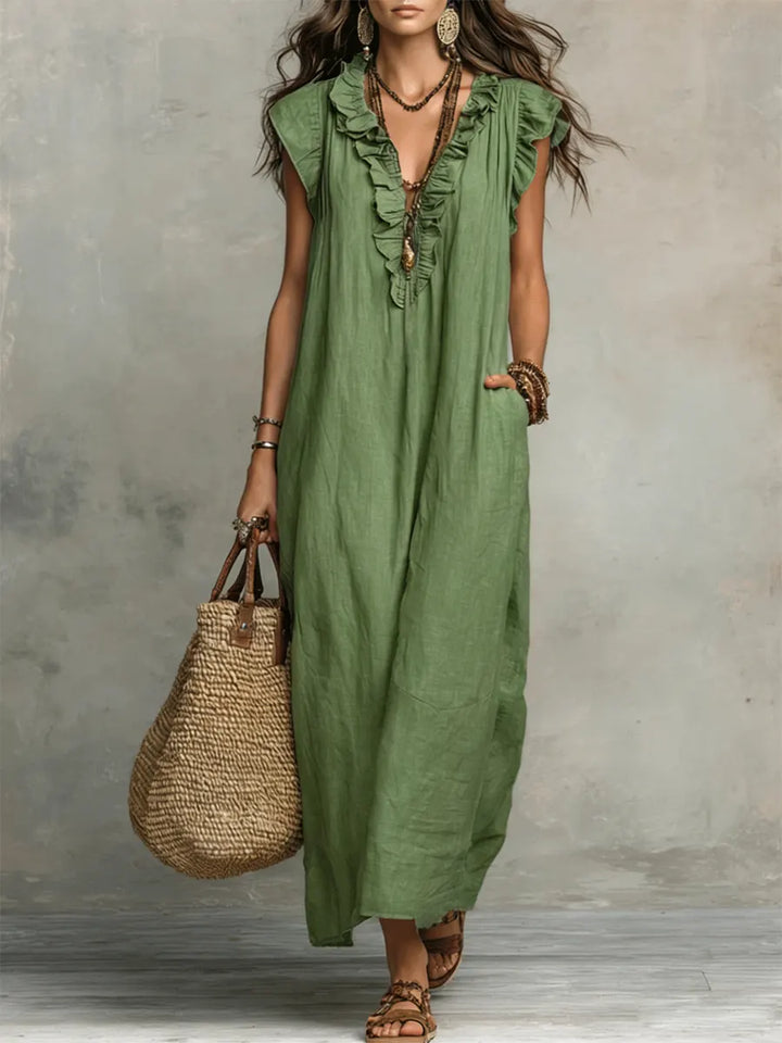 Caldora | Women's Linen Summer Maxi Dress - Taupe - Image 9