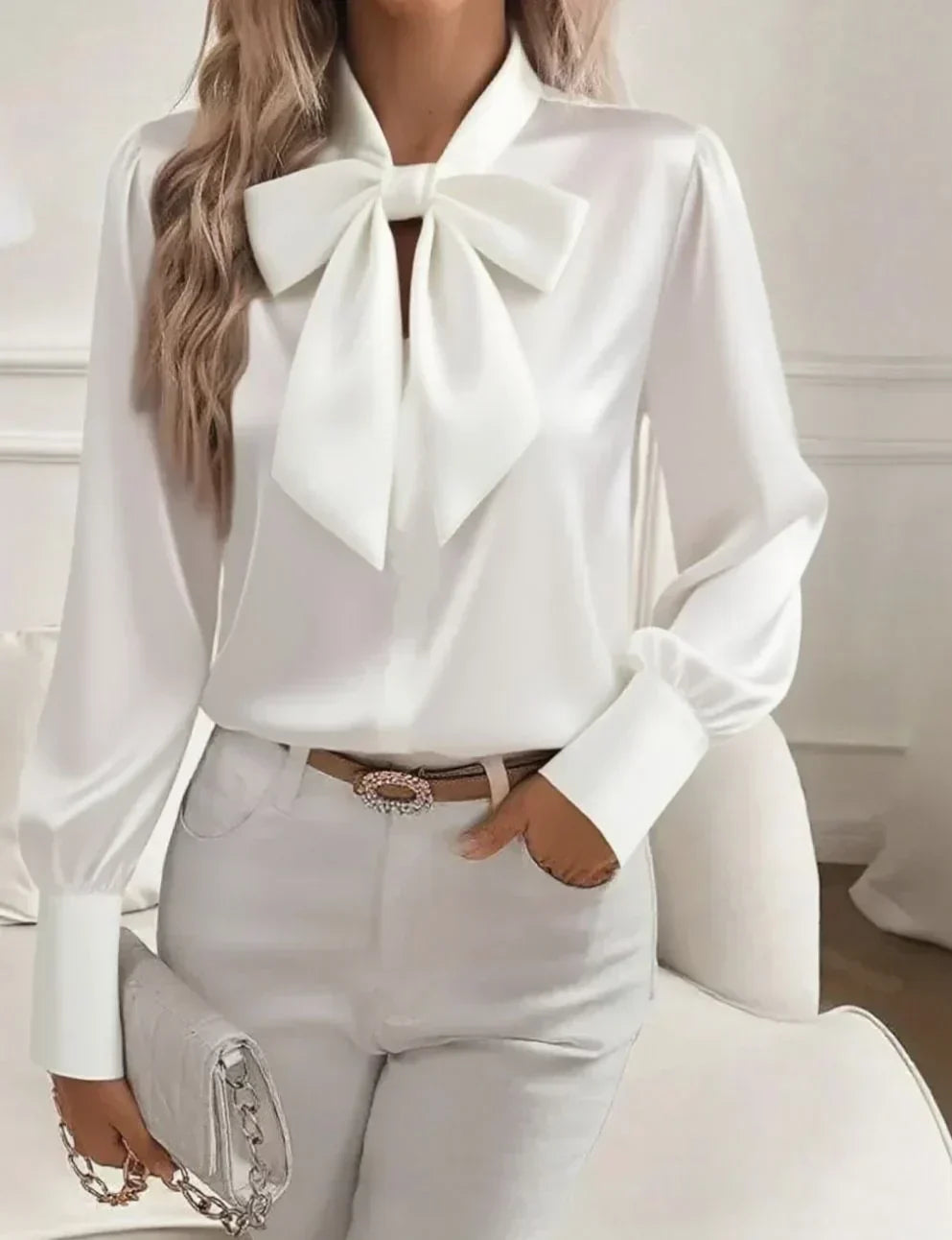 Caldris | Women's Satin Bow Neck Long Sleeve Blouse - Image 1
