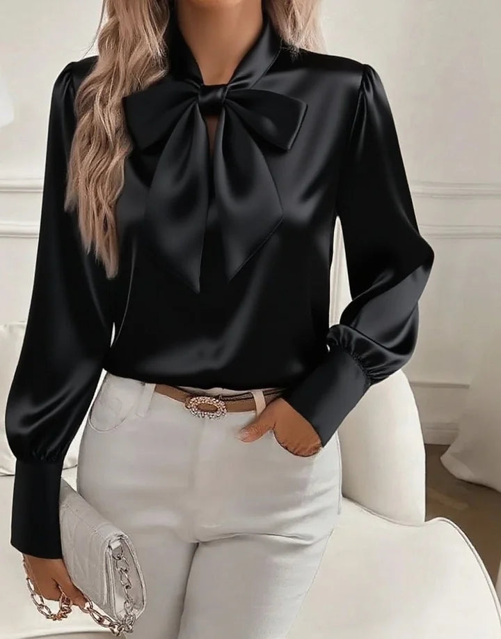 Caldris | Women's Satin Bow Neck Long Sleeve Blouse - Image 2