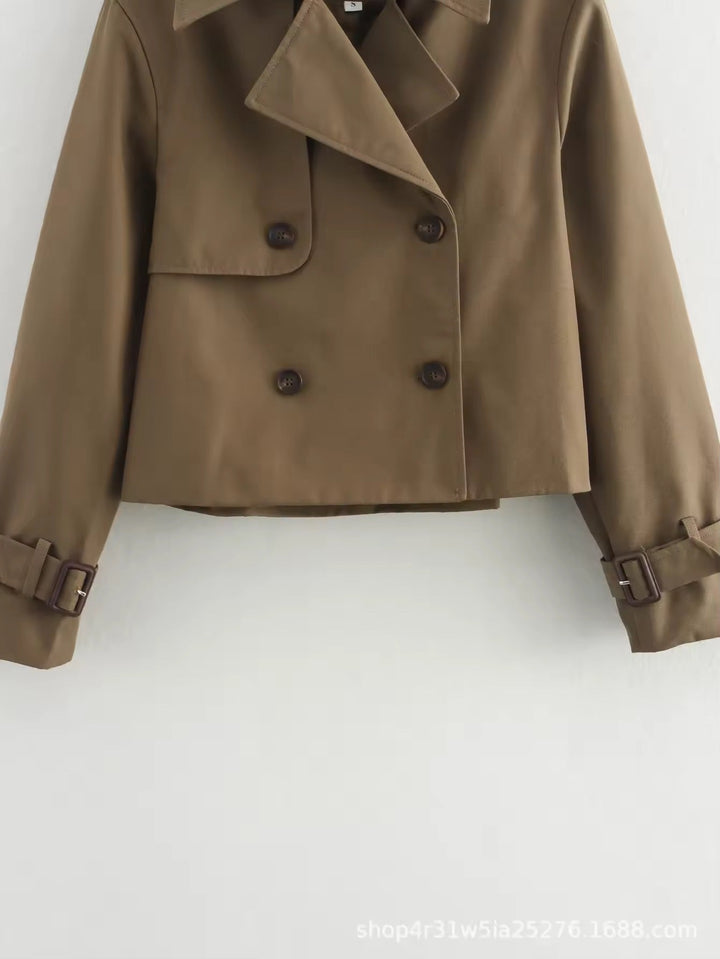 Calista | Women's Double Breasted Cropped Trench Coat - Beige - Image 1