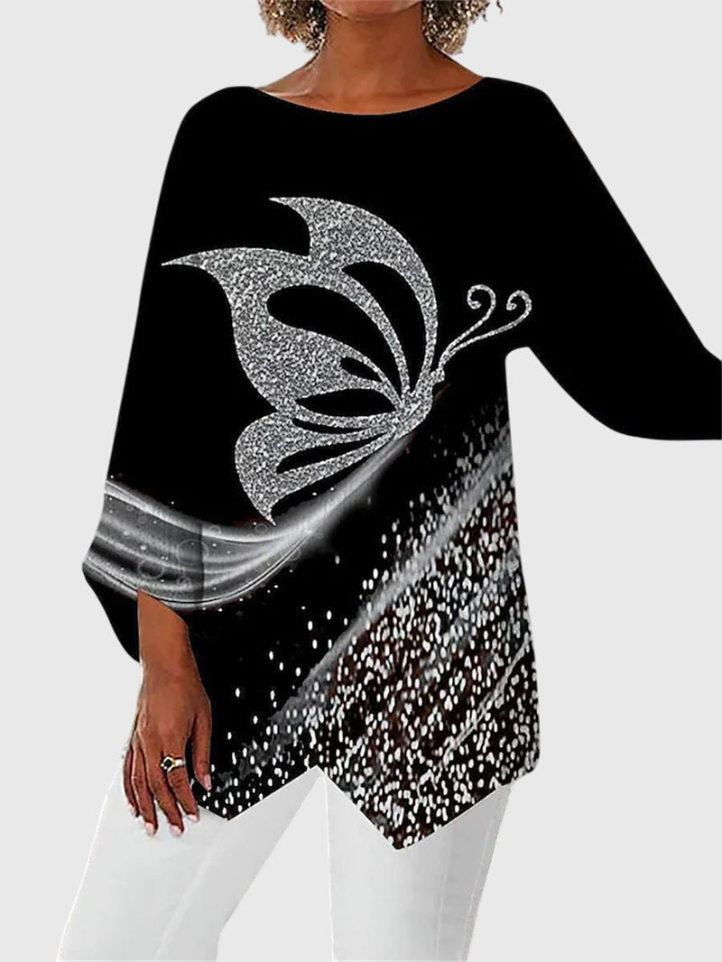 Calliope | Women's Butterfly Print Asymmetric Top - Black - Image 1