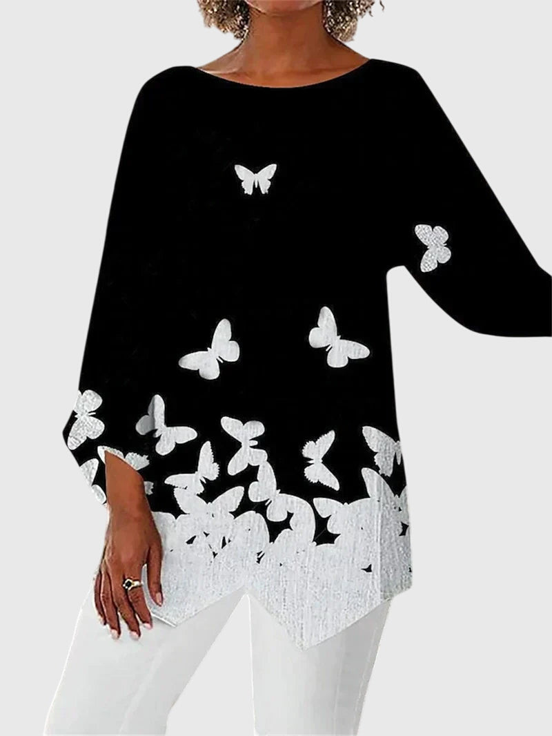 Calliope | Women's Butterfly Print Asymmetric Top - Black - Image 5