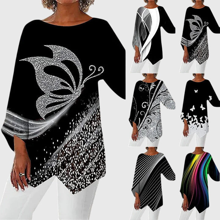 Calliope | Women's Butterfly Print Asymmetric Top - Black - Image 7