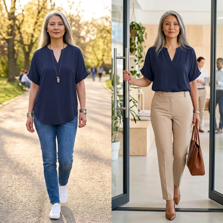 Callista | Women's V-Neck Relaxed Blouse - Navy - Image 4