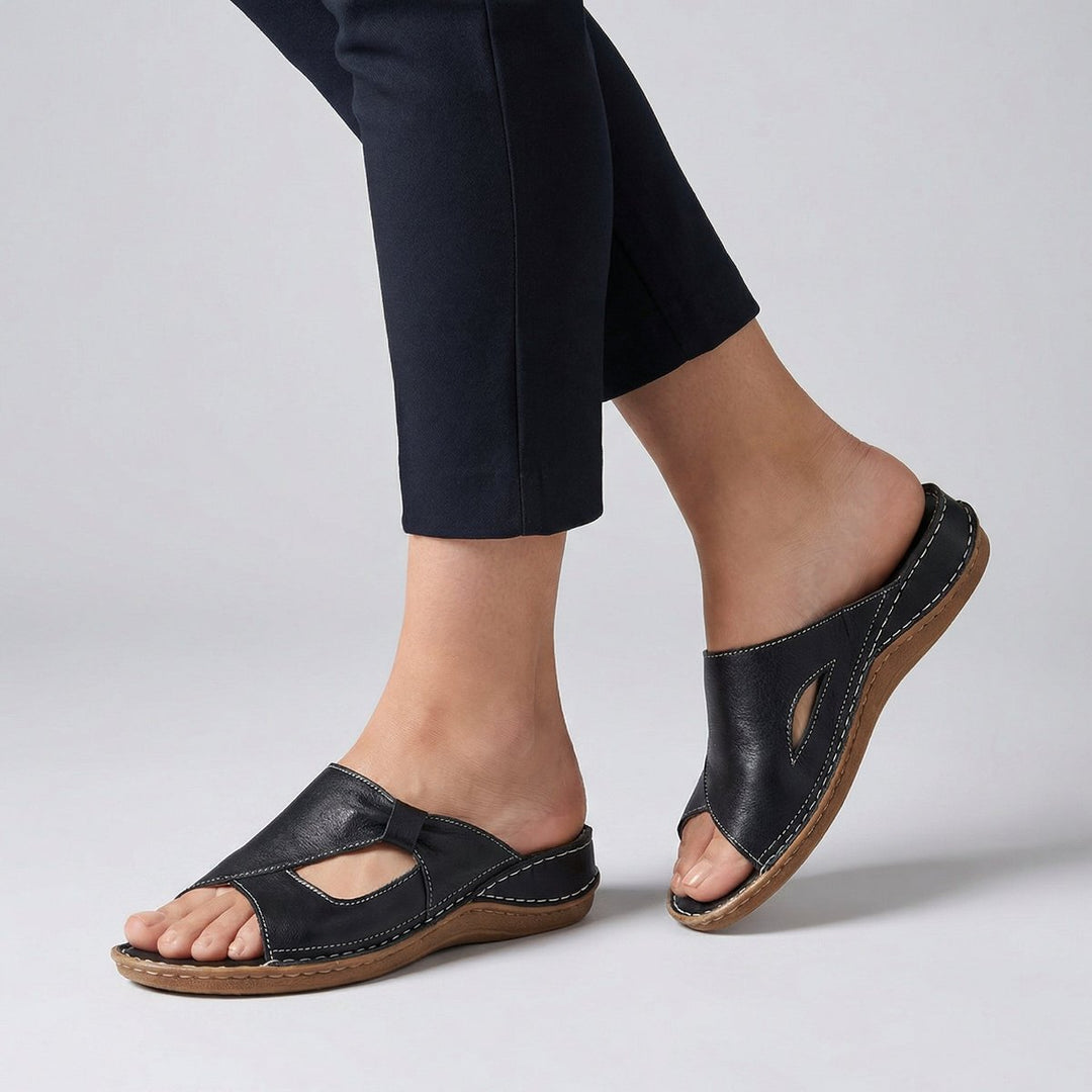 Calva | Women's Flat Slip-On Mule Sandal Cut-Out - Black - Image 1