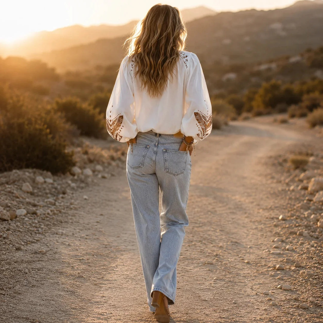 Calvara | Women's Boho Embroidered V-Neck Blouse - White - Image 3