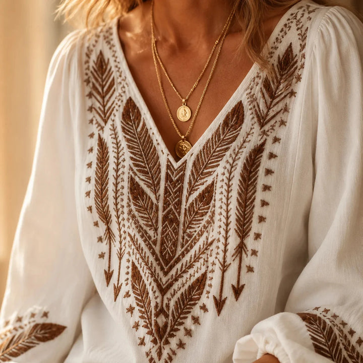 Calvara | Women's Boho Embroidered V-Neck Blouse - White - Image 5