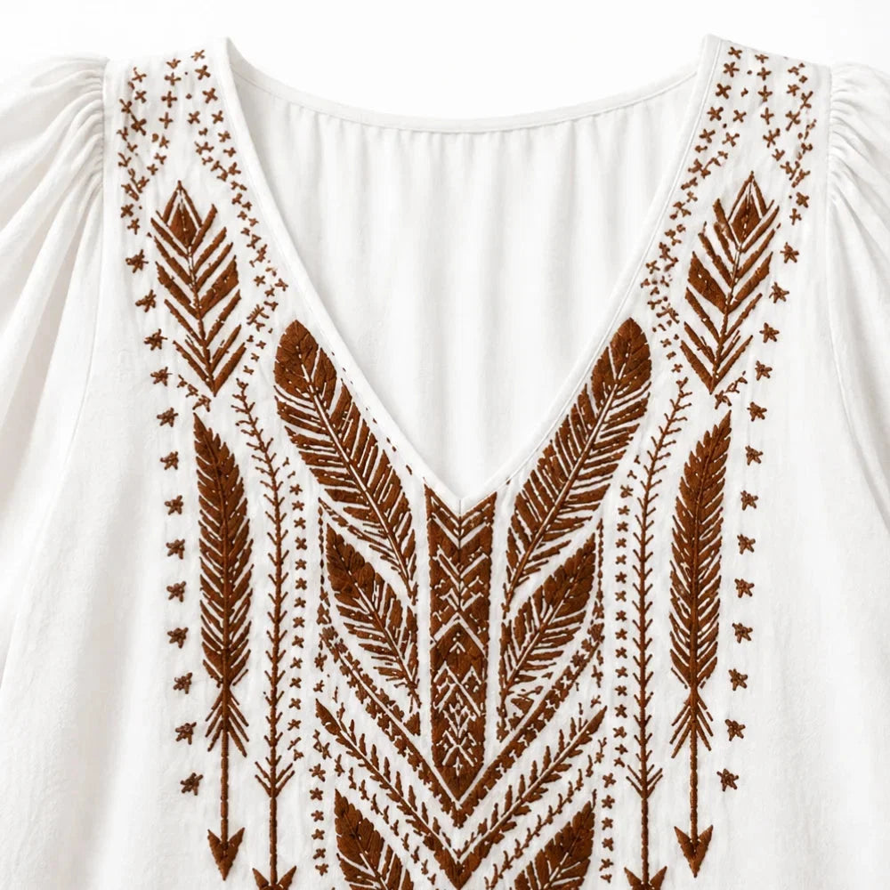 Calvara | Women's Boho Embroidered V-Neck Blouse - White - Image 6