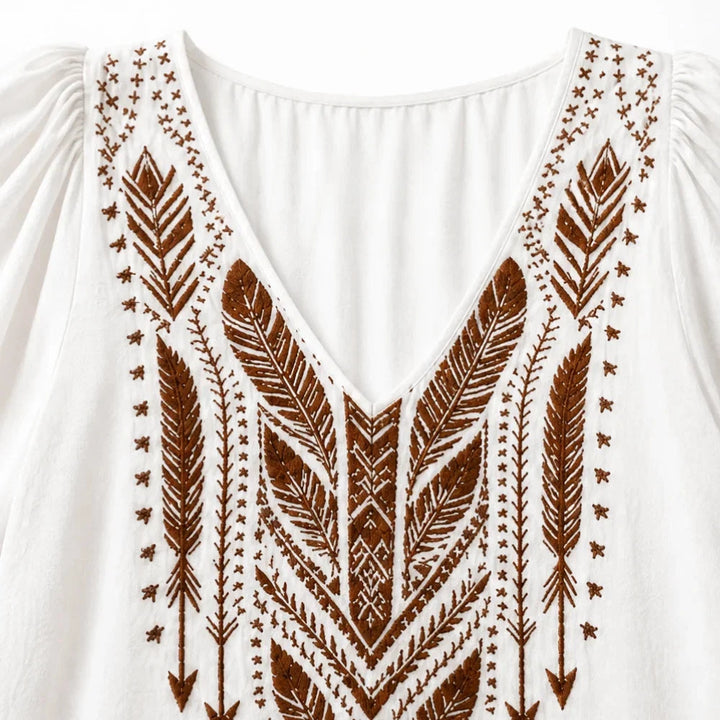 Calvara | Women's Boho Embroidered V-Neck Blouse - White - Image 6