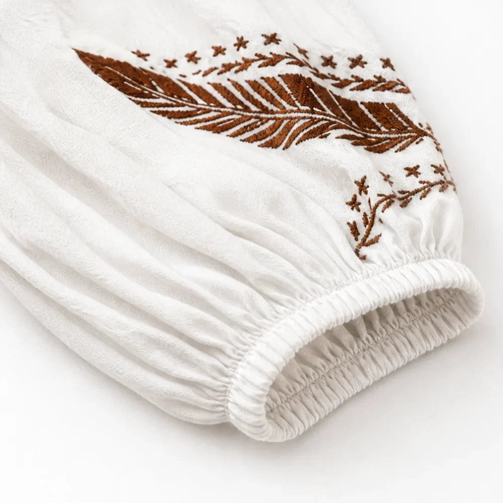 Calvara | Women's Boho Embroidered V-Neck Blouse - White - Image 9