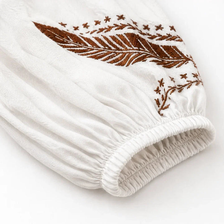 Calvara | Women's Boho Embroidered V-Neck Blouse - White - Image 9