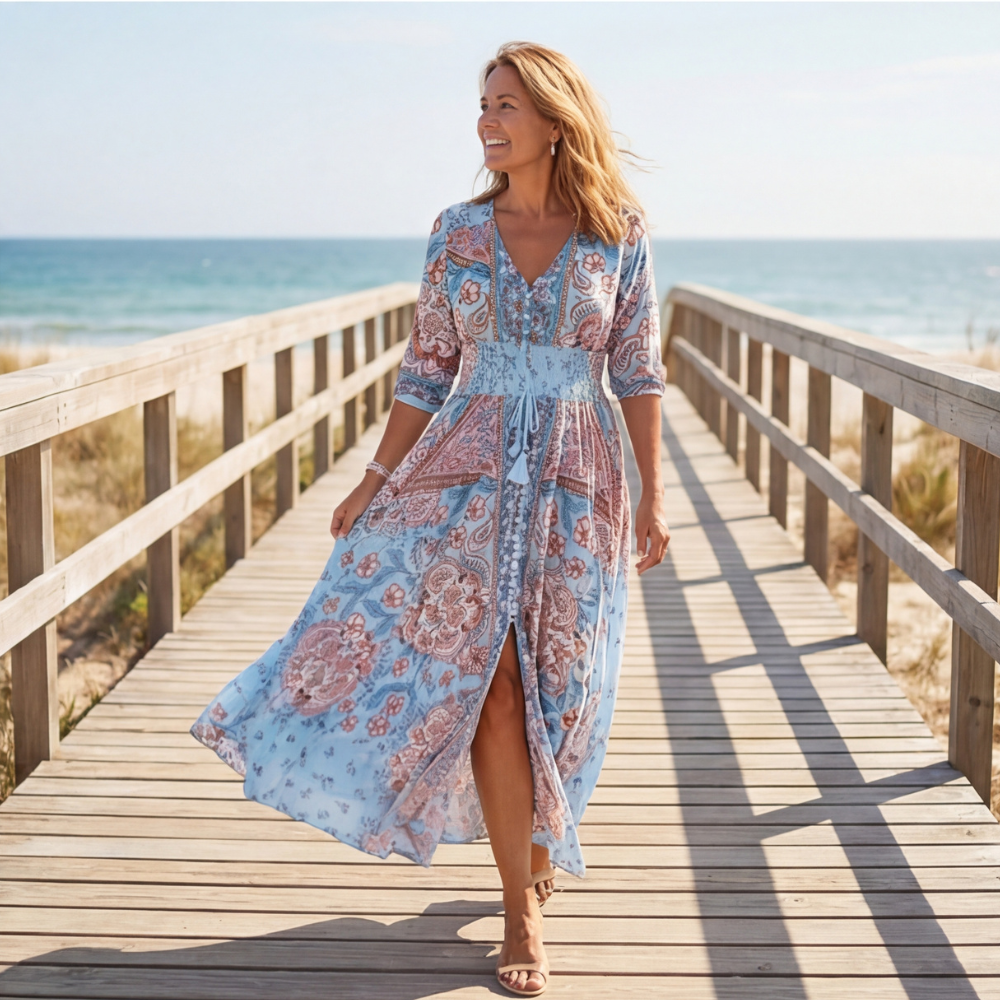 Calvara | Women's Boho Maxi Dress - Light Blue - Image 3