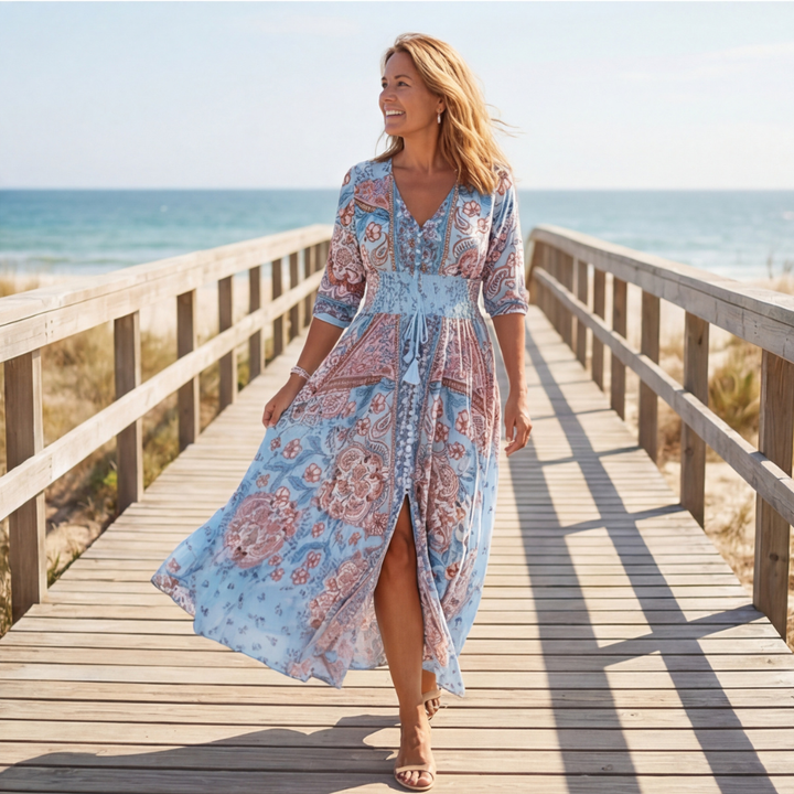 Calvara | Women's Boho Maxi Dress - Light Blue - Image 3